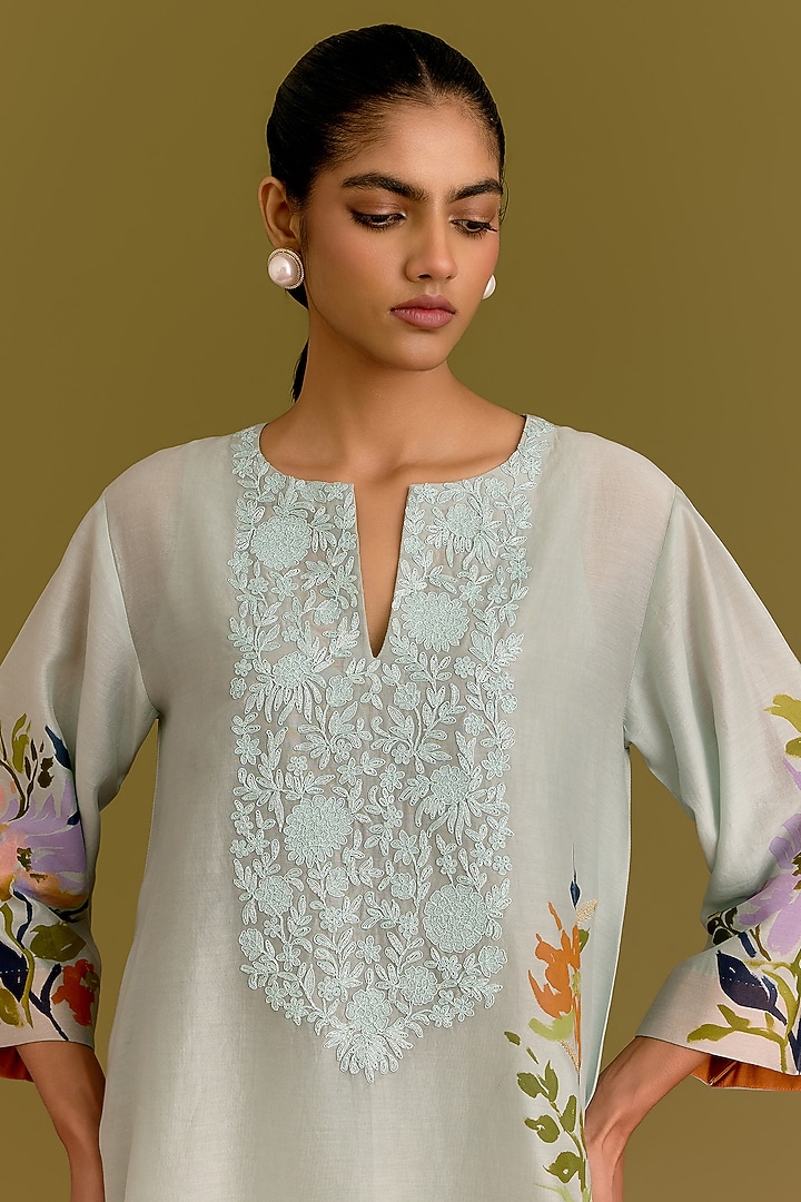 Powder Blue Silk Chanderi Hand Painted Kurta Set by Devnaagri at Pernia's Pop Up Shop