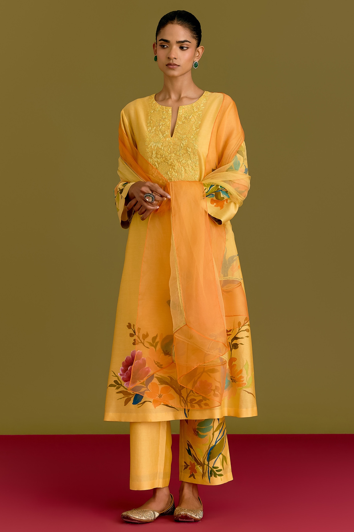 Devnaagri Yellow Silk Chanderi Hand Painted Kurta Set