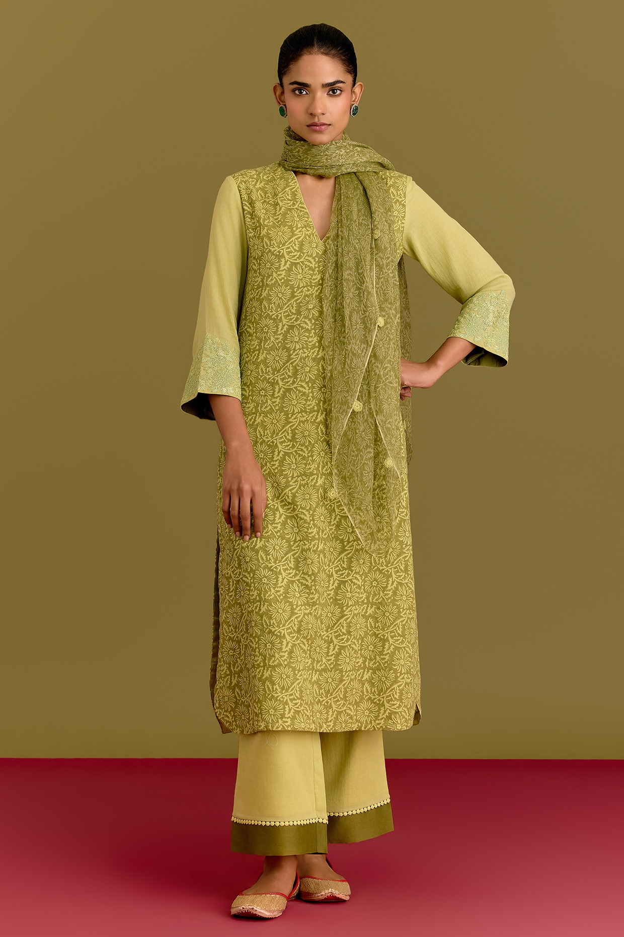 Devnaagri Green Moss Cotton Hand Block Printed Kurta Set