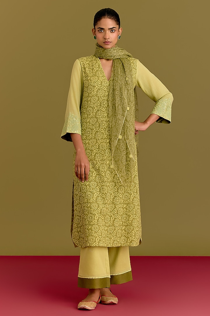 Green Moss Cotton Hand Block Printed Kurta Set by Devnaagri at Pernia's Pop Up Shop