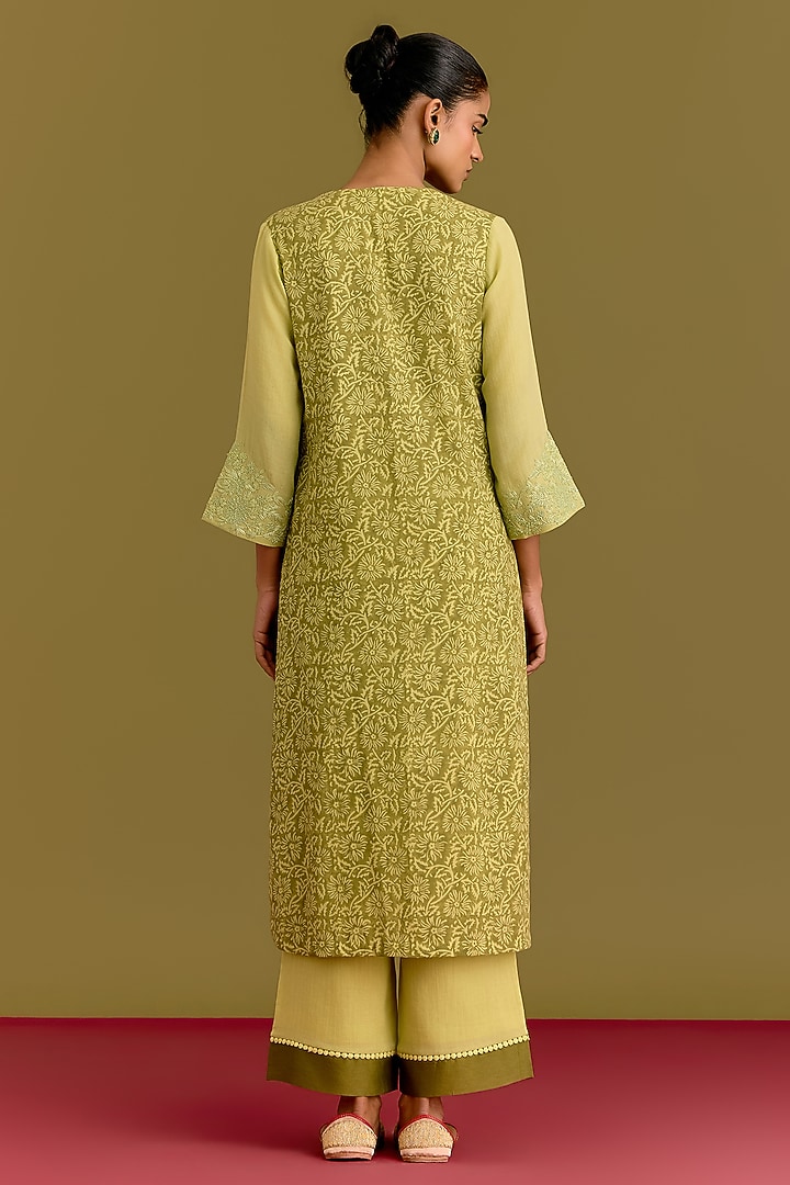 Green Moss Cotton Hand Block Printed Kurta Set by Devnaagri at Pernia's Pop Up Shop