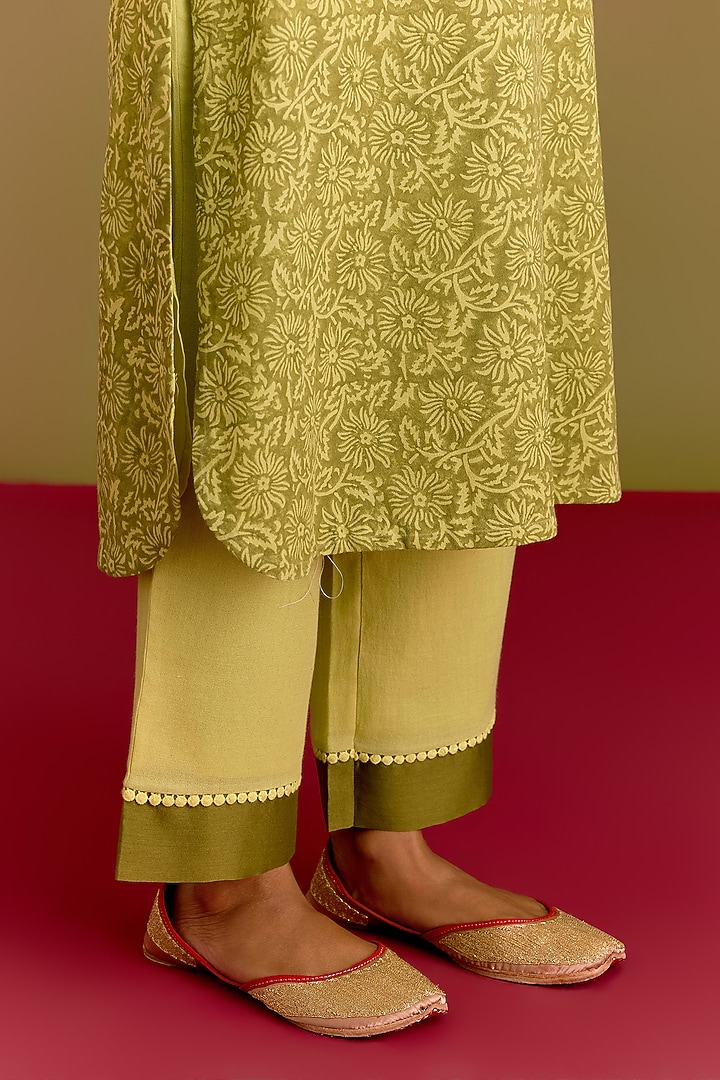 Green Moss Cotton Hand Block Printed Kurta Set by Devnaagri at Pernia's Pop Up Shop