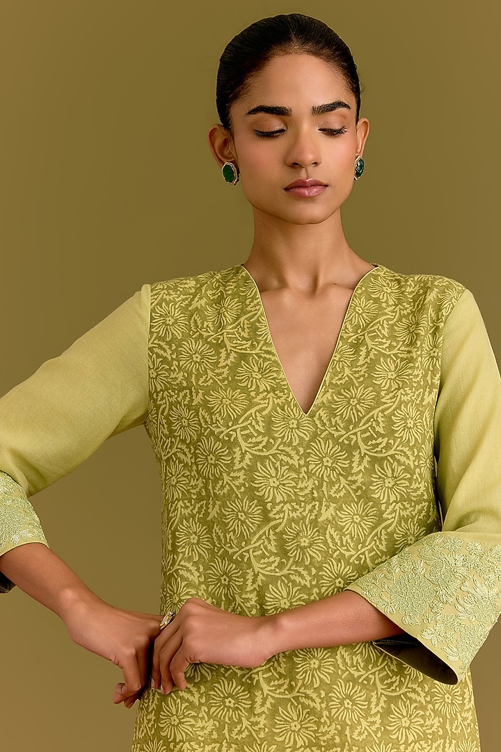 Green Moss Cotton Hand Block Printed Kurta Set by Devnaagri at Pernia's Pop Up Shop