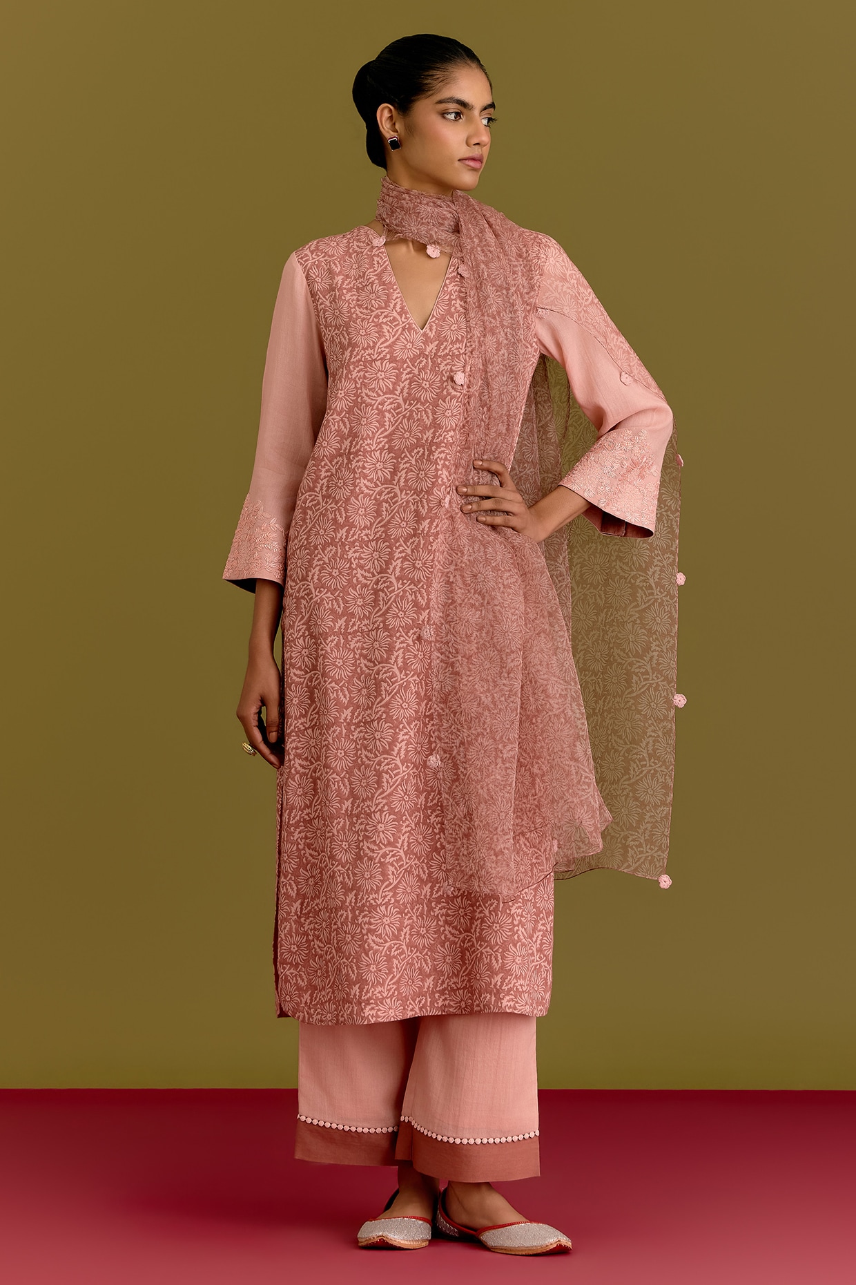 Devnaagri Pink Moss Cotton Hand Block Printed Kurta Set