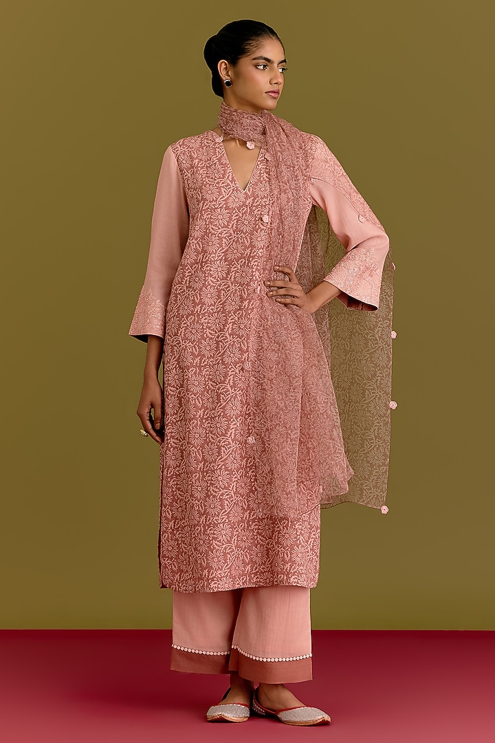 Pink Moss Cotton Hand Block Printed Kurta Set by Devnaagri at Pernia's Pop Up Shop