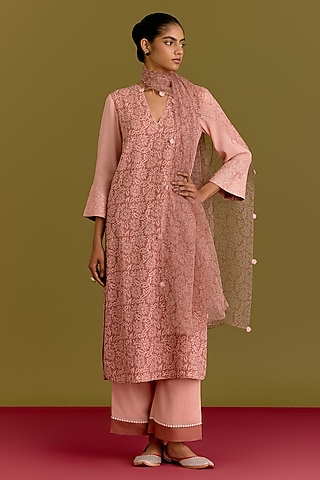 Pink Moss Cotton Hand Block Printed Kurta Set by Devnaagri