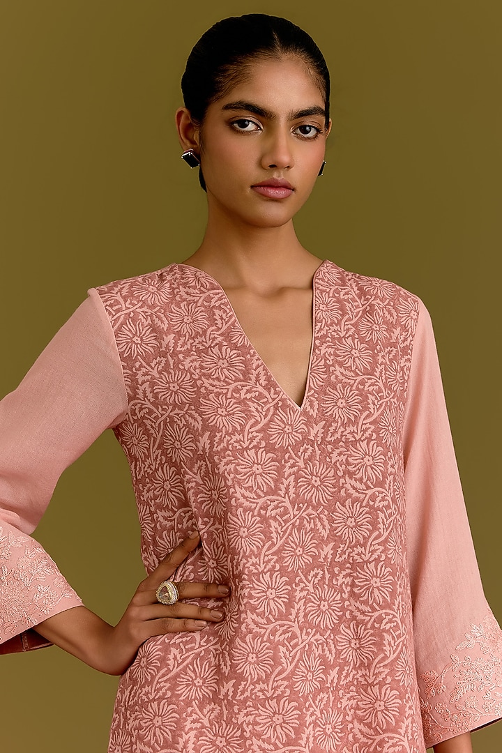 Pink Moss Cotton Hand Block Printed Kurta Set by Devnaagri at Pernia's Pop Up Shop