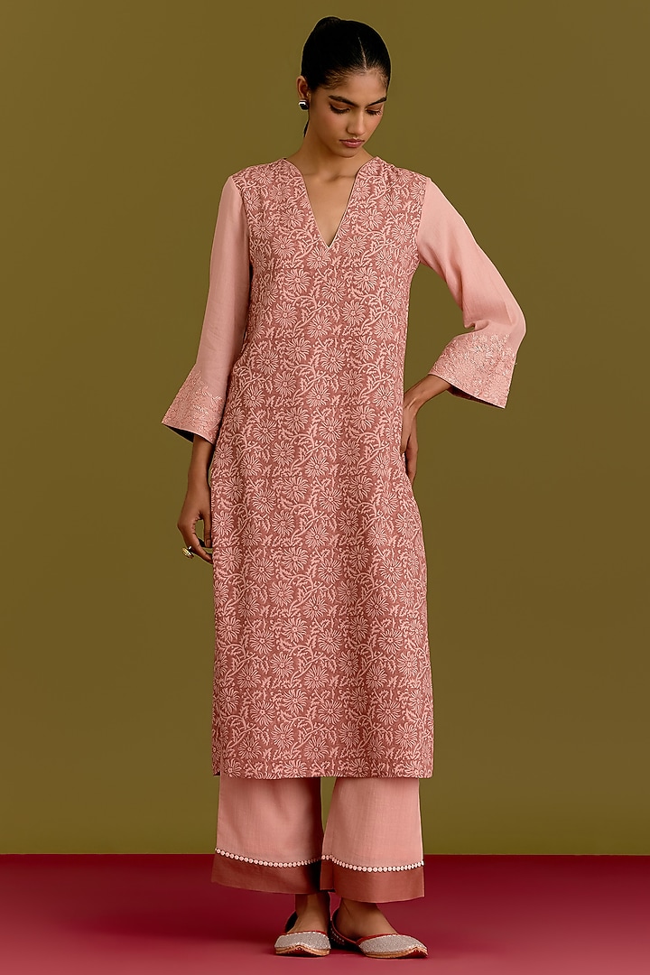 Pink Moss Cotton Hand Block Printed Kurta Set by Devnaagri at Pernia's Pop Up Shop