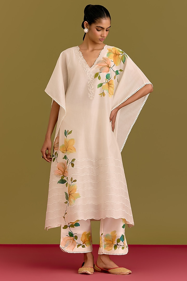 Ivory Silk Chanderi Hand Painted Kaftan Set by Devnaagri at Pernia's Pop Up Shop