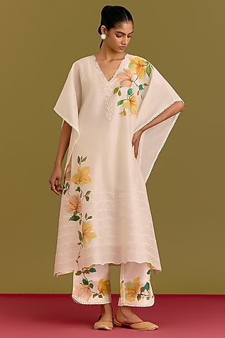 Ivory Silk Chanderi Hand Painted Kaftan Set by Devnaagri