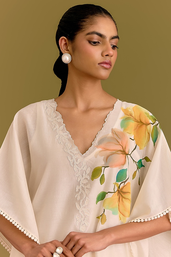 Ivory Silk Chanderi Hand Painted Kaftan Set by Devnaagri at Pernia's Pop Up Shop