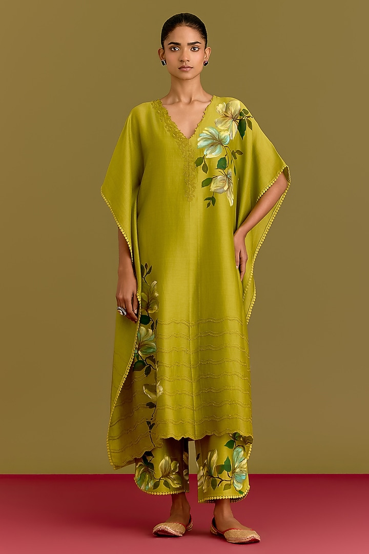 Green Silk Chanderi Motif Hand Painted Kaftan Set by Devnaagri at Pernia's Pop Up Shop