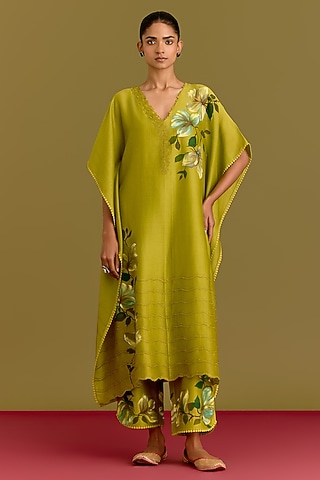 Green Silk Chanderi Motif Hand Painted Kaftan Set by Devnaagri