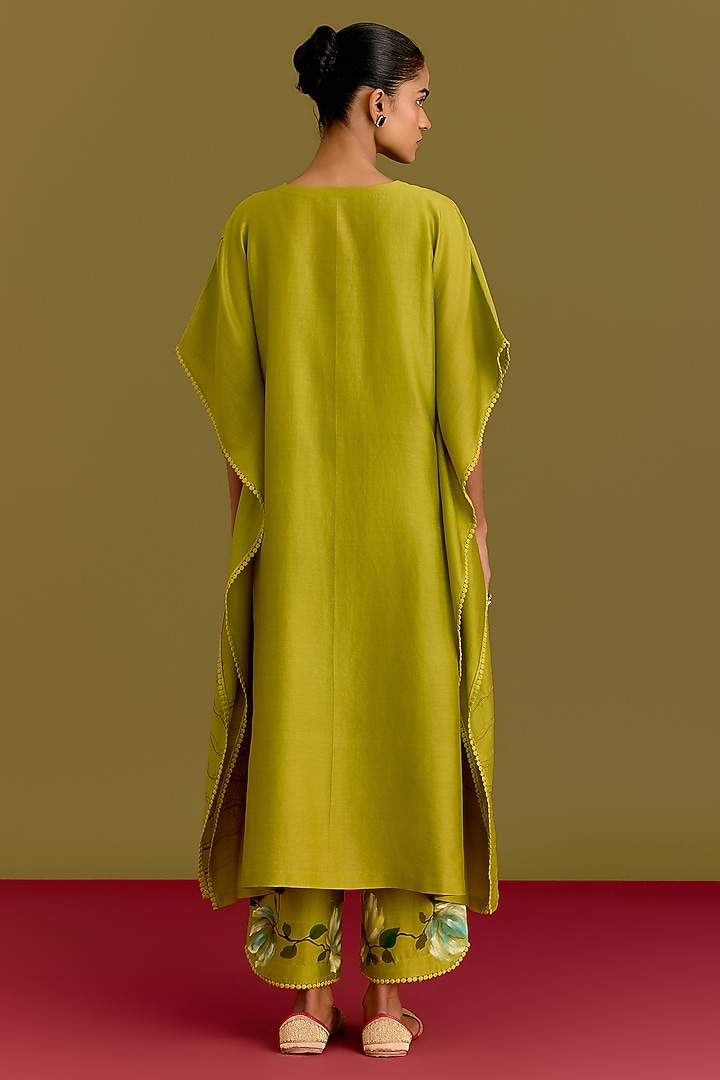 Green Silk Chanderi Motif Hand Painted Kaftan Set by Devnaagri at Pernia's Pop Up Shop