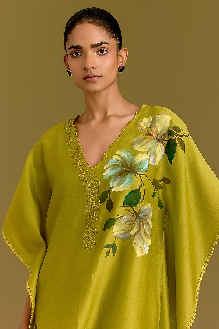 Green Silk Chanderi Motif Hand Painted Kaftan Set by Devnaagri at Pernia's Pop Up Shop