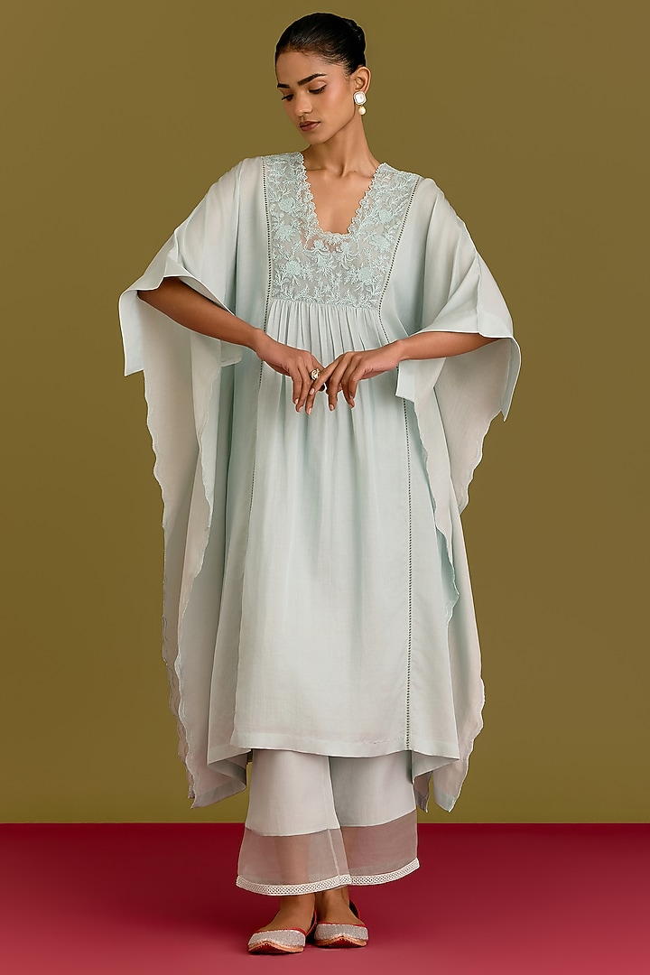 Ice Blue Cotton Silk Satin Dori Embroidered Kaftan Set by Devnaagri at Pernia's Pop Up Shop