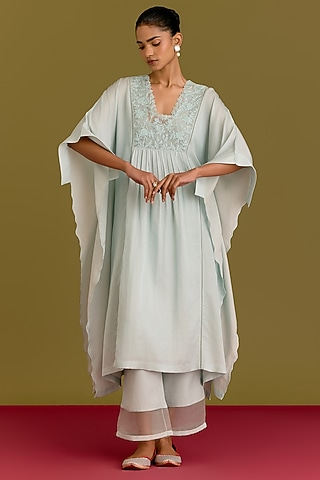 Ice Blue Cotton Silk Satin Dori Embroidered Kaftan Set by Devnaagri