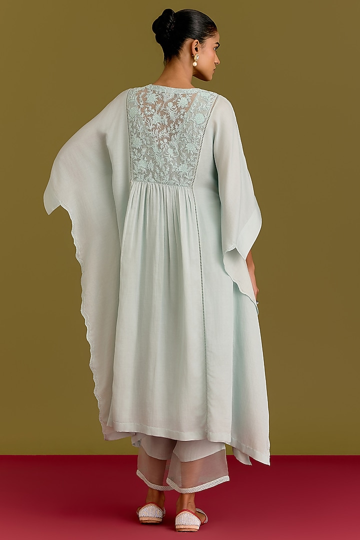 Ice Blue Cotton Silk Satin Dori Embroidered Kaftan Set by Devnaagri at Pernia's Pop Up Shop