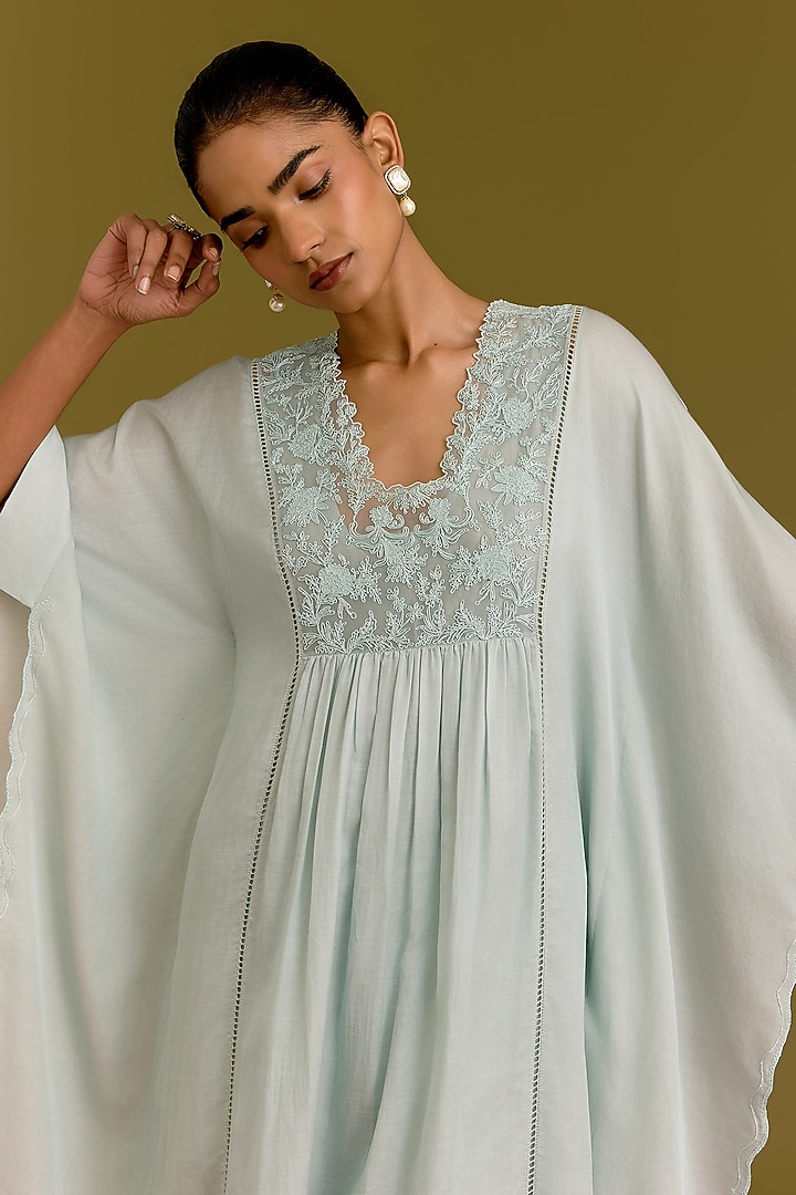 Ice Blue Cotton Silk Satin Dori Embroidered Kaftan Set by Devnaagri at Pernia's Pop Up Shop