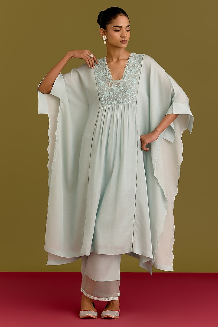Ice Blue Cotton Silk Satin Dori Embroidered Kaftan Set by Devnaagri at Pernia's Pop Up Shop