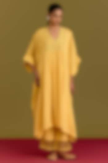 Yellow Cotton Silk Satin Dori Embroidered Kaftan Set by Devnaagri at Pernia's Pop Up Shop
