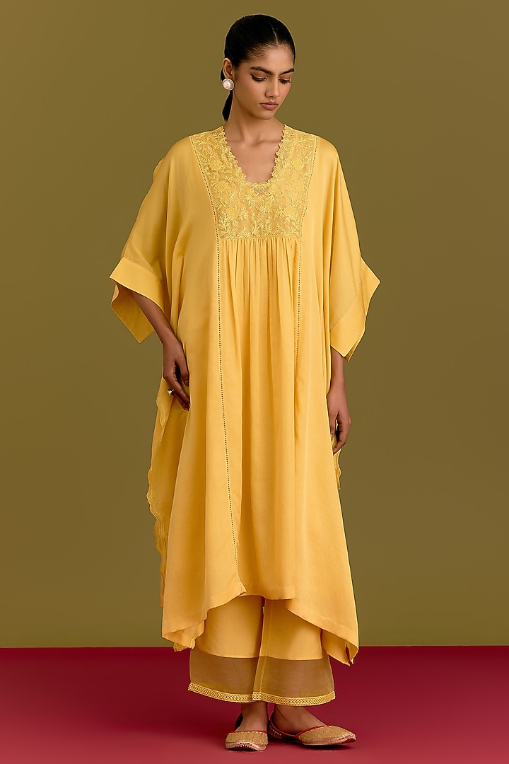 Yellow Cotton Silk Satin Dori Embroidered Kaftan Set by Devnaagri at Pernia's Pop Up Shop