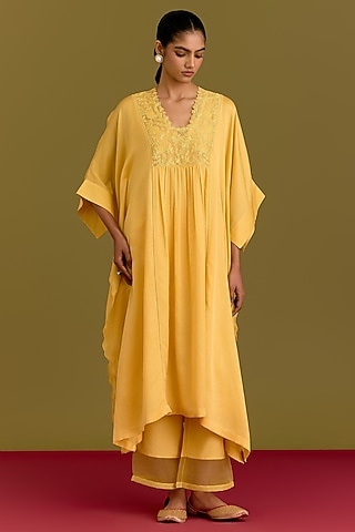 Yellow Cotton Silk Satin Dori Embroidered Kaftan Set by Devnaagri