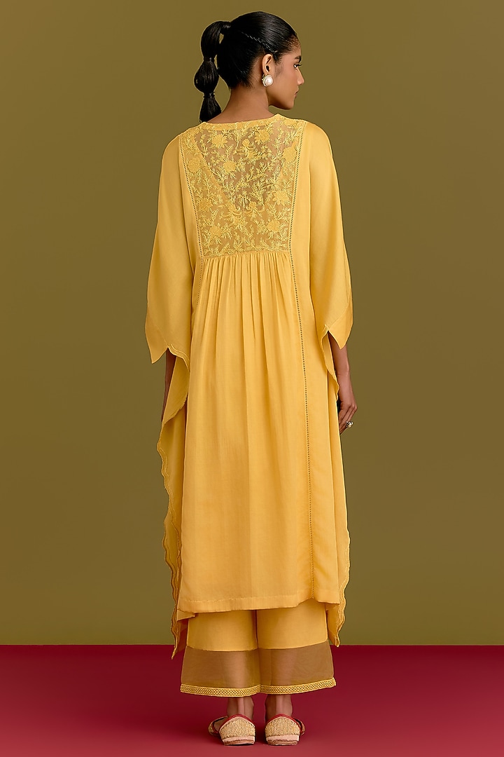 Yellow Cotton Silk Satin Dori Embroidered Kaftan Set by Devnaagri at Pernia's Pop Up Shop