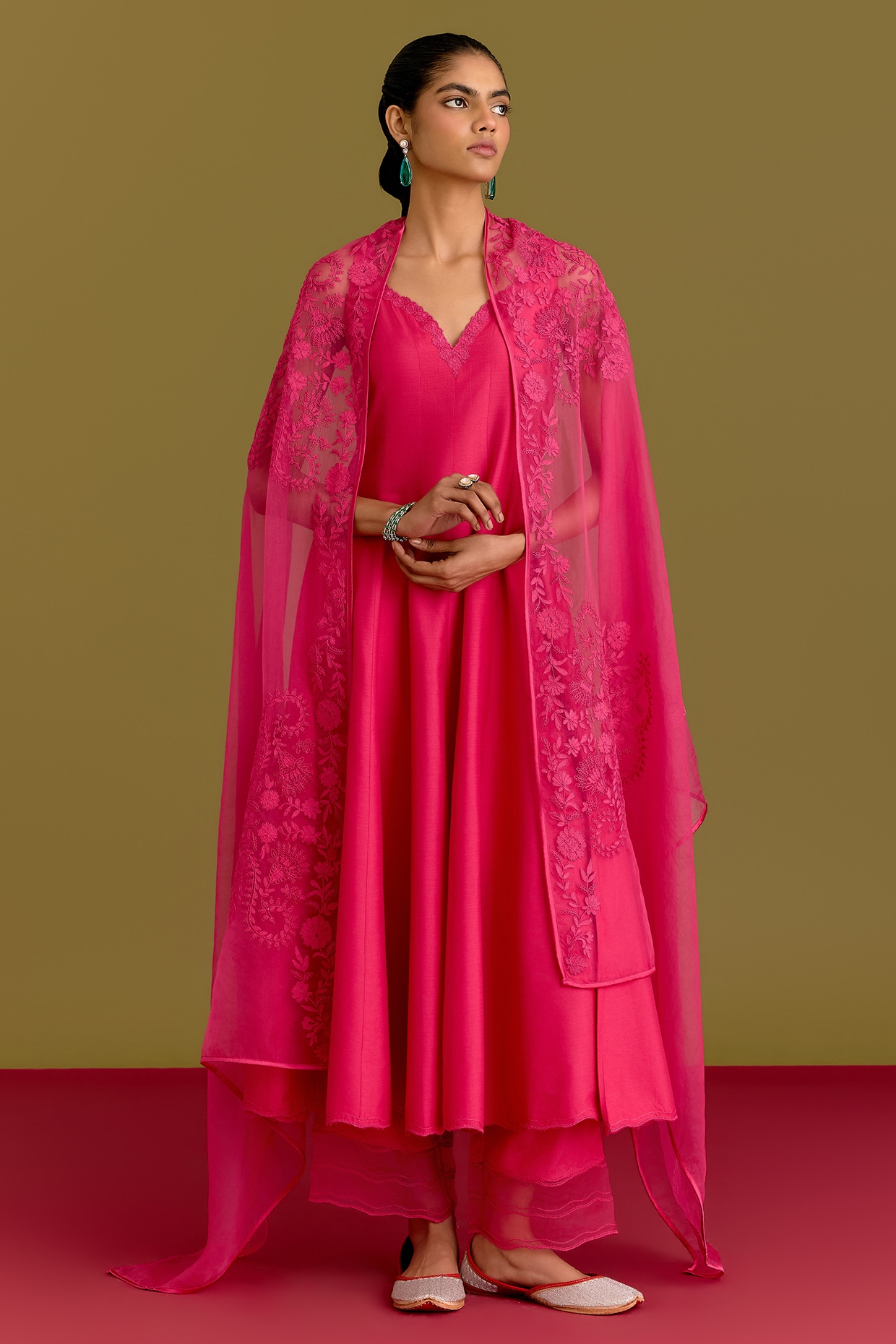 Devnaagri Fuchsia Cotton Silk Satin Dori Embroidered Anarkali Set
