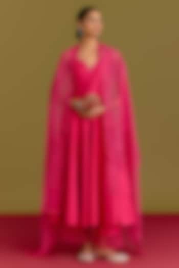 Fuchsia Cotton Silk Satin Dori Embroidered Wedding Anarkali Set by Devnaagri at Pernia's Pop Up Shop