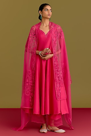 Fuchsia Cotton Silk Satin Dori Embroidered Anarkali Set by Devnaagri
