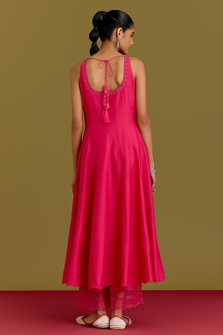 Fuchsia Cotton Silk Satin Dori Embroidered Wedding Anarkali Set by Devnaagri at Pernia's Pop Up Shop