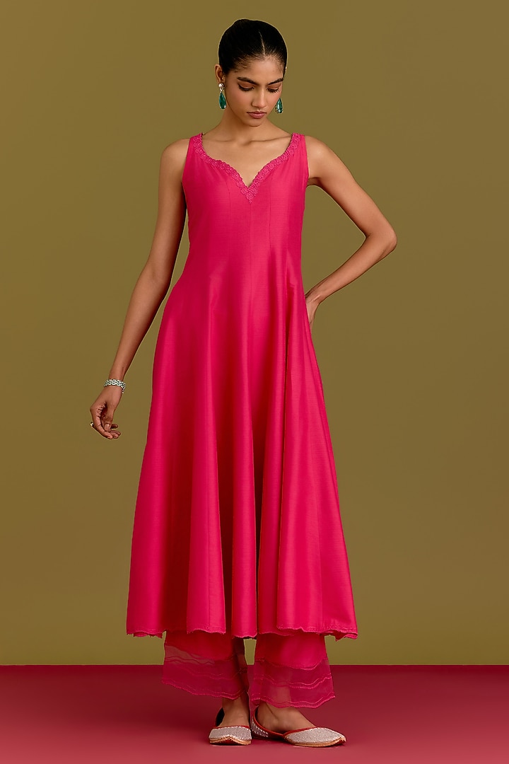 Fuchsia Cotton Silk Satin Dori Embroidered Wedding Anarkali Set by Devnaagri at Pernia's Pop Up Shop