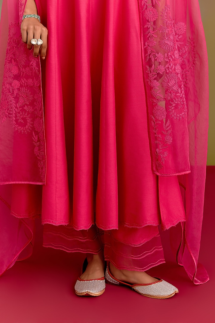 Fuchsia Cotton Silk Satin Dori Embroidered Wedding Anarkali Set by Devnaagri at Pernia's Pop Up Shop