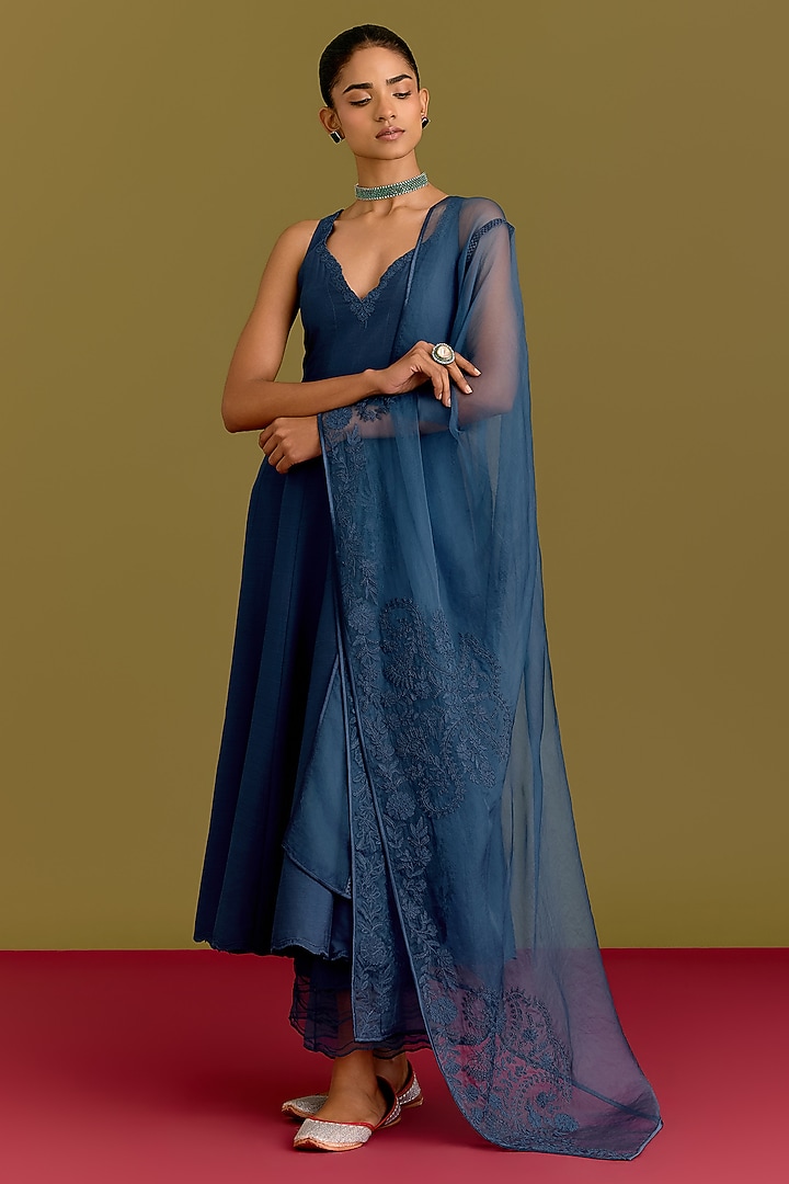 Blue Cotton Silk Satin Dori Embroidered Wedding Anarkali Set by Devnaagri at Pernia's Pop Up Shop
