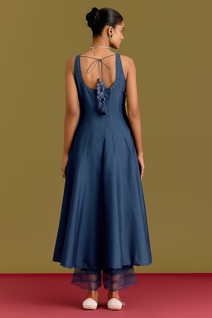 Blue Cotton Silk Satin Dori Embroidered Wedding Anarkali Set by Devnaagri at Pernia's Pop Up Shop