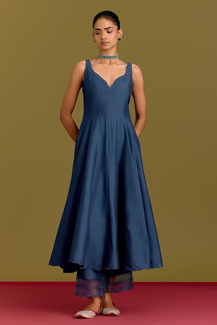Blue Cotton Silk Satin Dori Embroidered Wedding Anarkali Set by Devnaagri at Pernia's Pop Up Shop