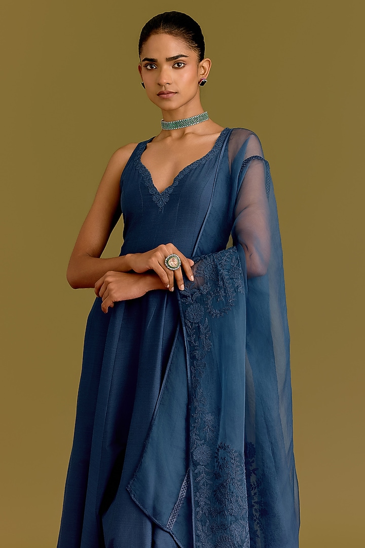 Blue Cotton Silk Satin Dori Embroidered Wedding Anarkali Set by Devnaagri at Pernia's Pop Up Shop