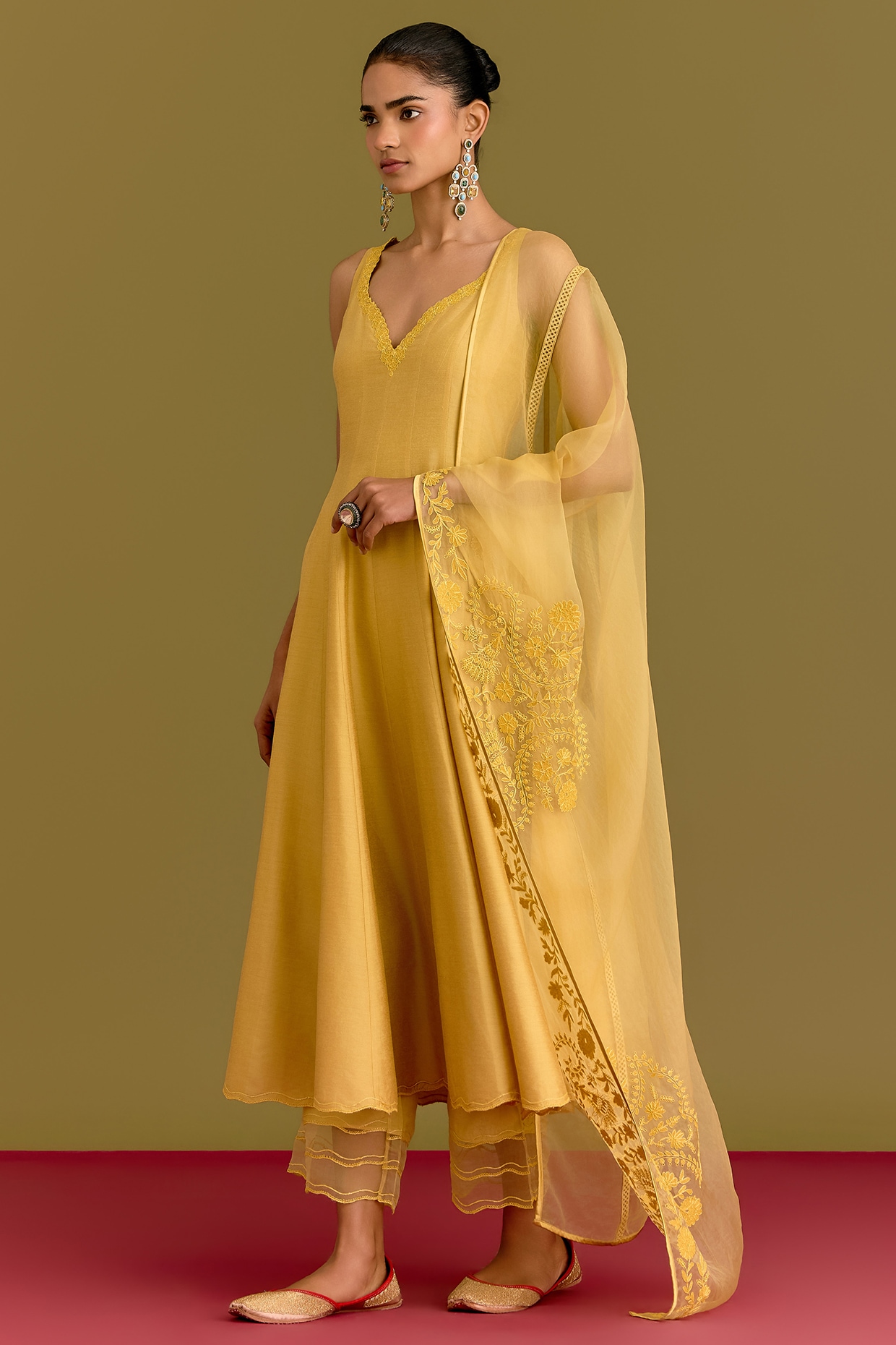 Devnaagri Mustard Cotton Silk Satin Dori Embroidered Anarkali Set