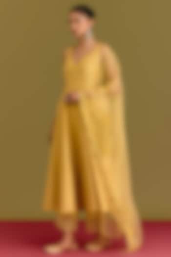 Mustard Cotton Silk Satin Dori Embroidered Wedding Anarkali Set by Devnaagri at Pernia's Pop Up Shop