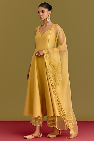 Mustard Cotton Silk Satin Dori Embroidered Anarkali Set by Devnaagri