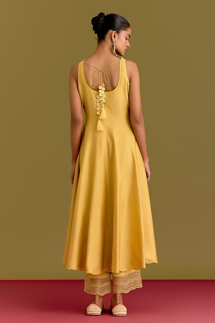 Mustard Cotton Silk Satin Dori Embroidered Wedding Anarkali Set by Devnaagri at Pernia's Pop Up Shop