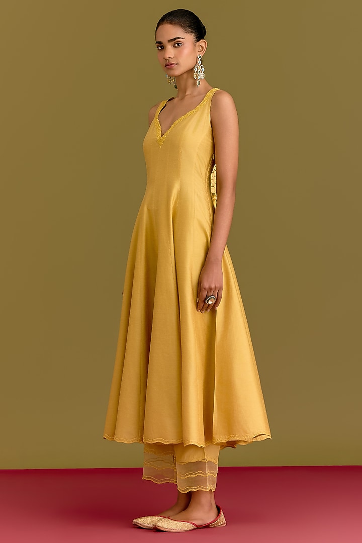 Mustard Cotton Silk Satin Dori Embroidered Wedding Anarkali Set by Devnaagri at Pernia's Pop Up Shop