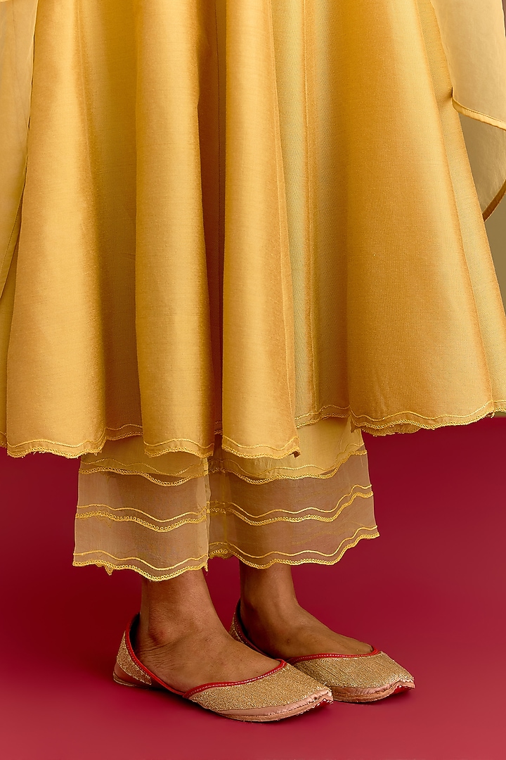 Mustard Cotton Silk Satin Dori Embroidered Wedding Anarkali Set by Devnaagri at Pernia's Pop Up Shop