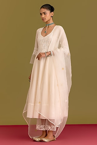Ivory Cotton Silk Satin Dori Embroidered Anarkali Set by Devnaagri