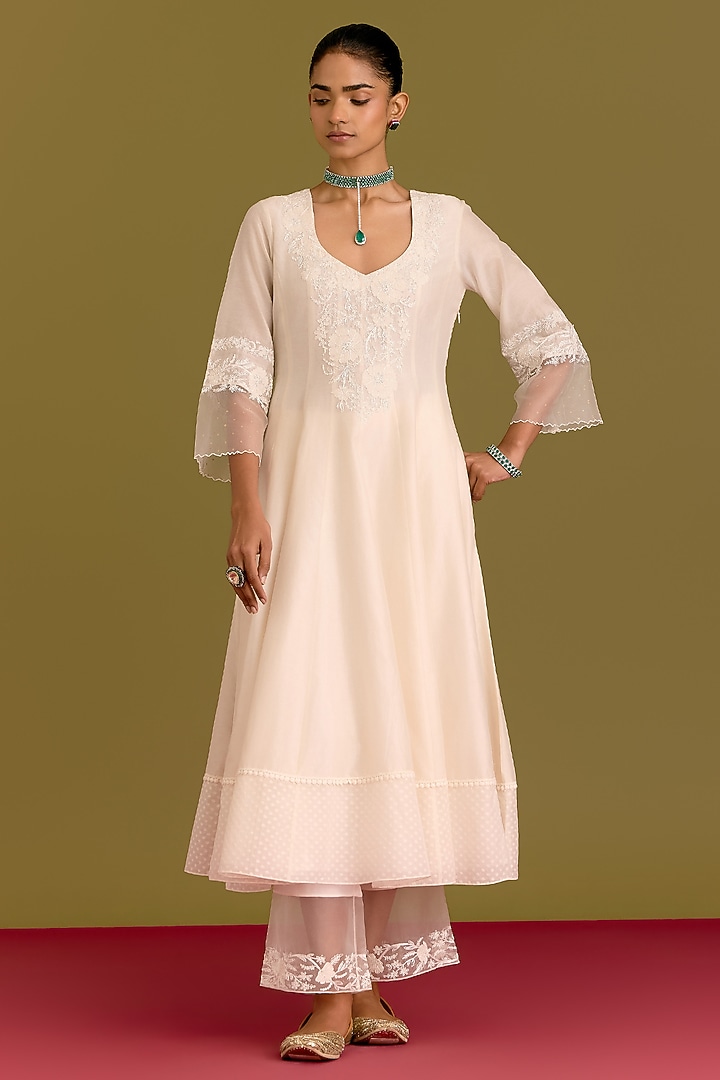 Ivory Cotton Silk Satin Dori Embroidered Wedding Anarkali Set by Devnaagri at Pernia's Pop Up Shop