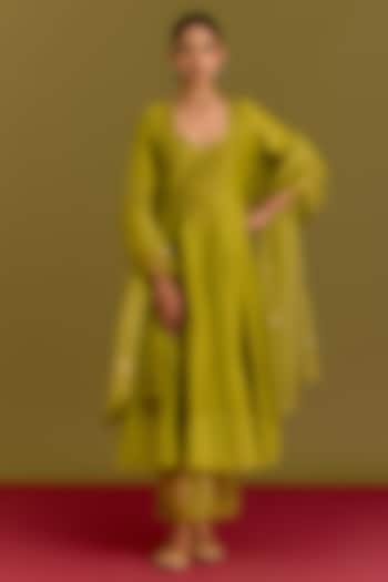 Green Cotton Silk Satin Dori Embroidered Wedding Anarkali Set by Devnaagri at Pernia's Pop Up Shop