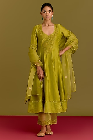 Green Cotton Silk Satin Dori Embroidered Anarkali Set by Devnaagri