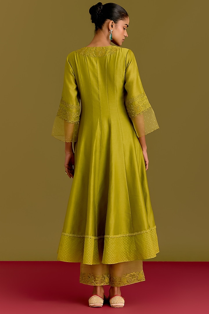 Green Cotton Silk Satin Dori Embroidered Wedding Anarkali Set by Devnaagri at Pernia's Pop Up Shop