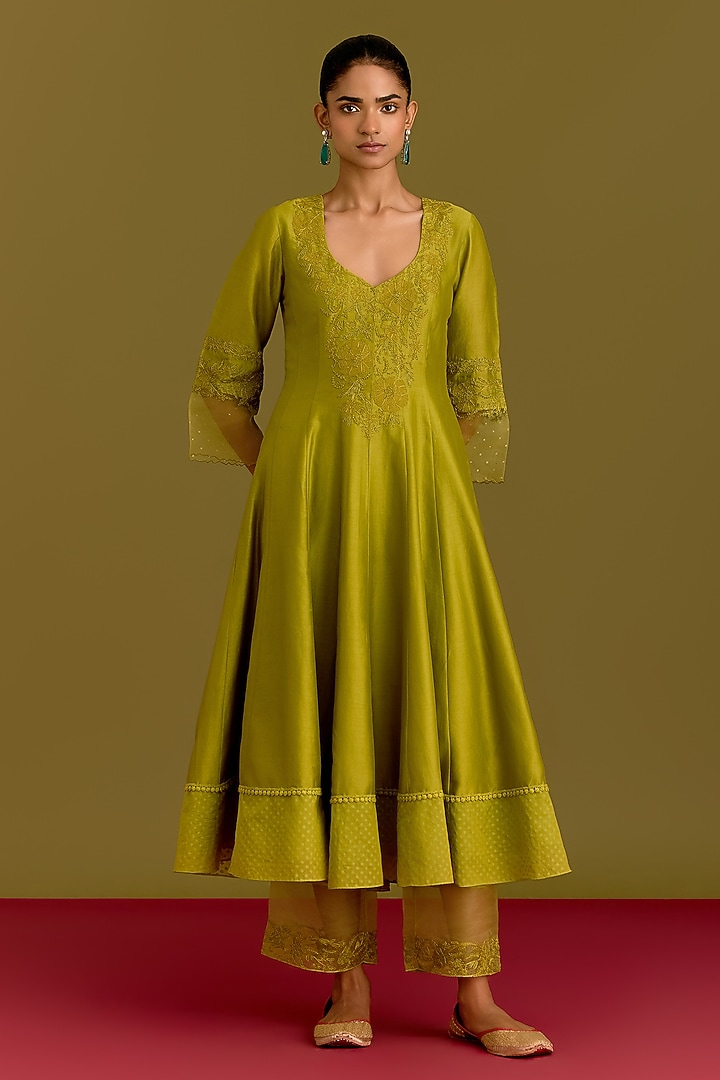 Green Cotton Silk Satin Dori Embroidered Wedding Anarkali Set by Devnaagri at Pernia's Pop Up Shop